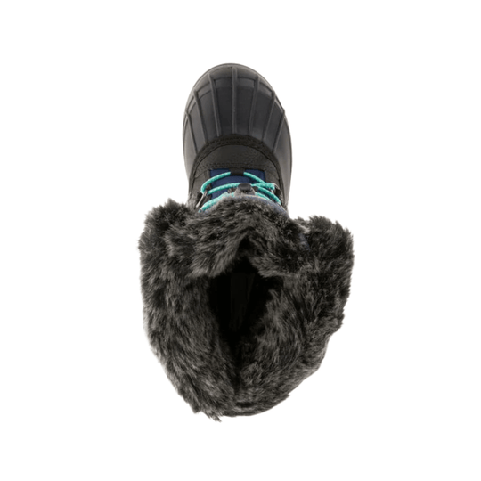 Black winter boot with a faux-fur cuff and teal laces, shown from above on a white background