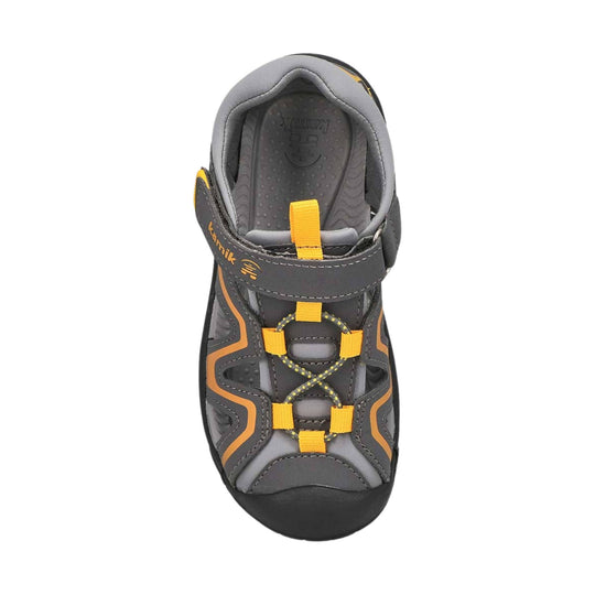 Gray and orange closed-toe kids sandal with hook-and-loop strap and bungee laces