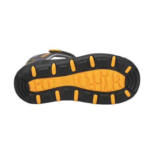 Black and orange sandal outsole with deep tread and cushioned sections