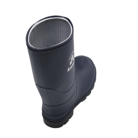 Dark rain boot with a tall shaft, mesh opening, and rugged sole