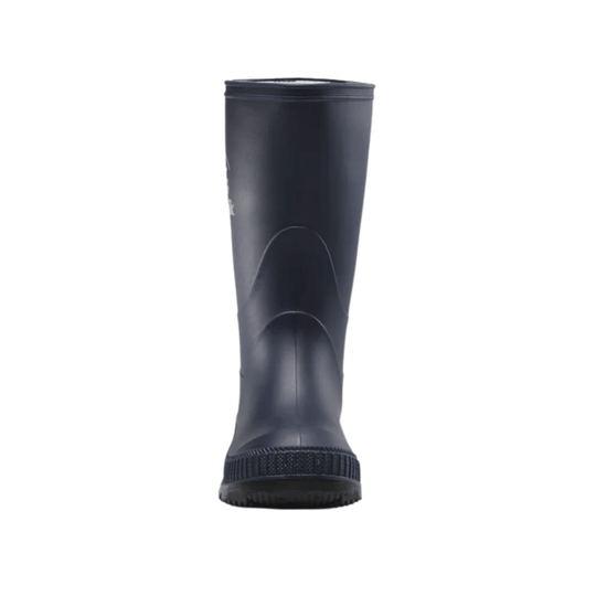 Tall dark rain boot with a textured treaded sole, shown from the front