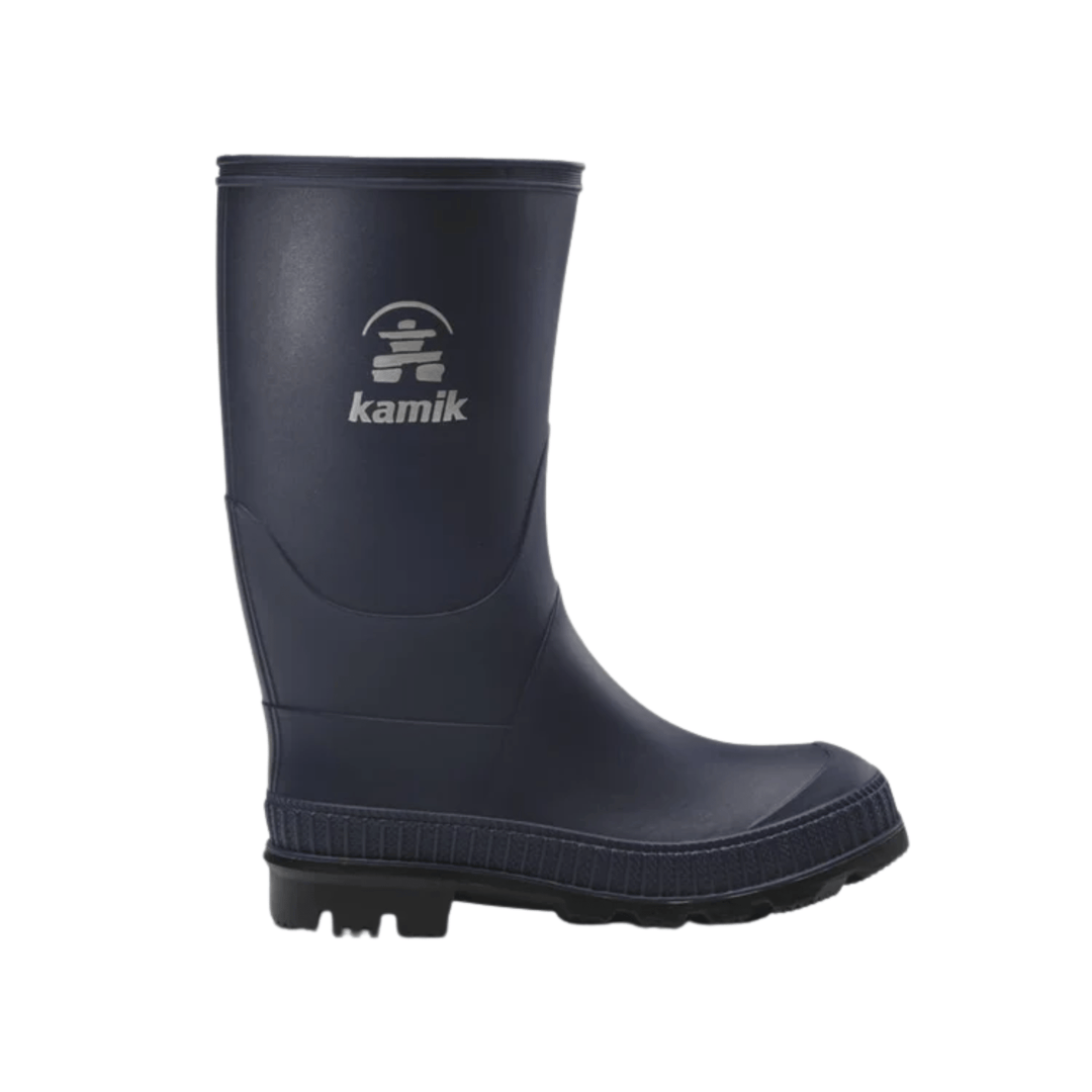 Black mid-calf rain boot with a textured sole and visible logo