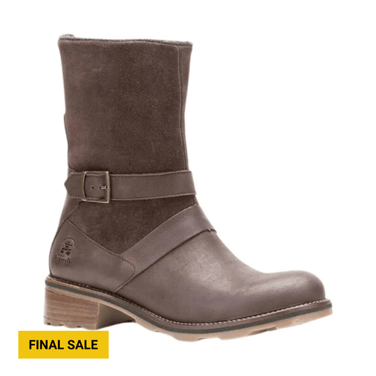 Brown mid-calf boot with a buckle strap and low heel
