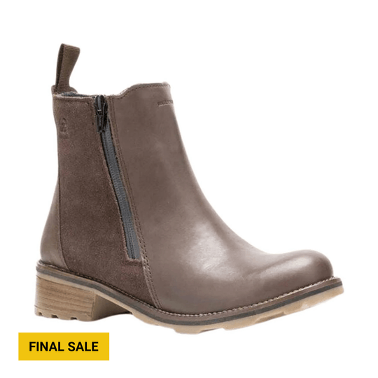 Brown ankle boot with side zipper, pull tab, wood-look heel, and FINAL SALE label
