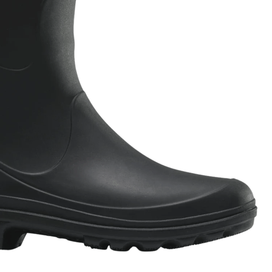 Black rubber rain boot shown in side view with a thick lug sole