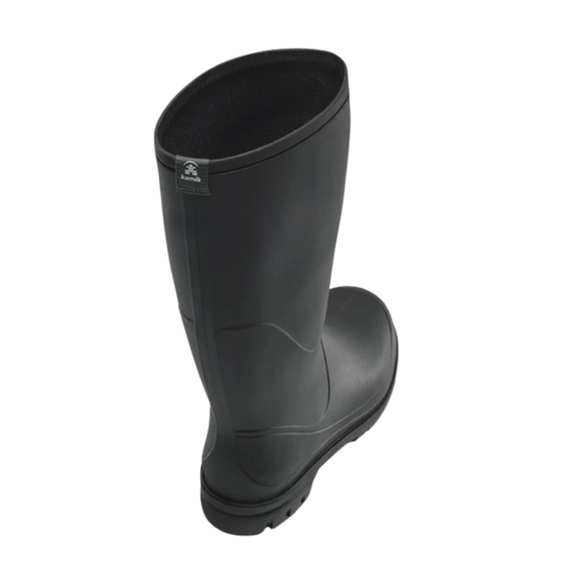 Black tall rain boot with a small side brand tag
