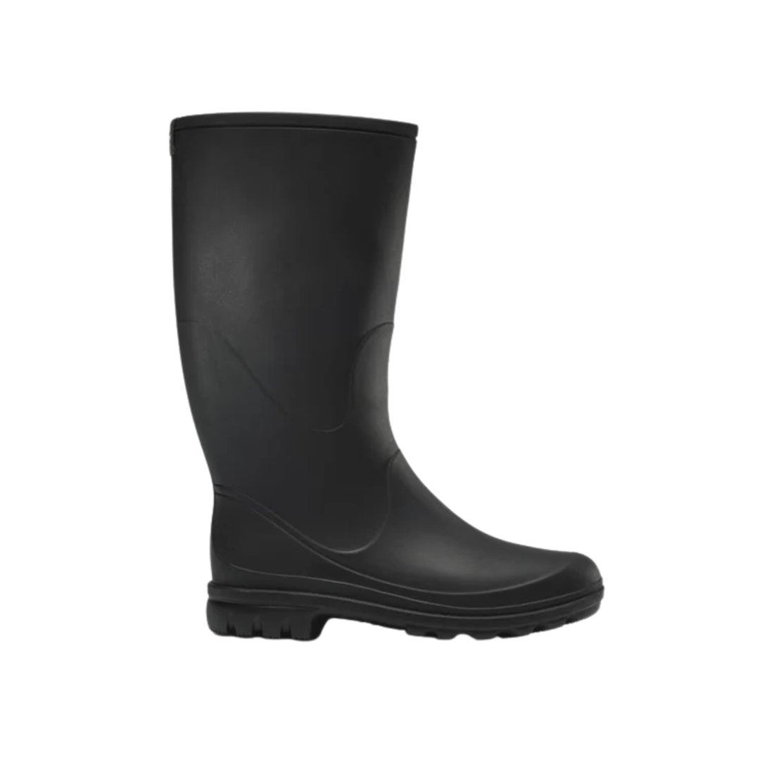 Black knee-high rubber rain boot with a rounded toe and rugged sole, side view