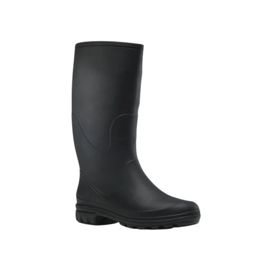 Black knee-high rain boot with a chunky treaded sole, shown in side view