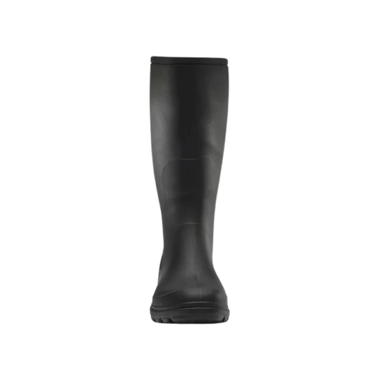 Black knee-high rubber rain boot shown from the front on a white background.