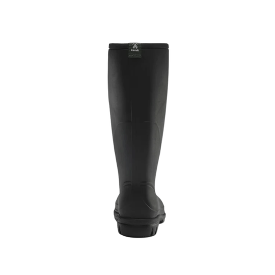 Black knee-high rain boot with a tall shaft and thick lugged sole, shown from the back