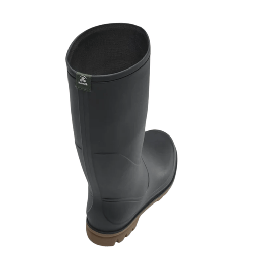 Tall black rubber rain boot with a brown sole and small visible Kamik tag