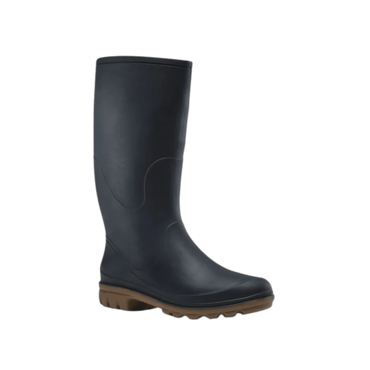 Black knee-high rain boot with brown lug sole, shown in side view