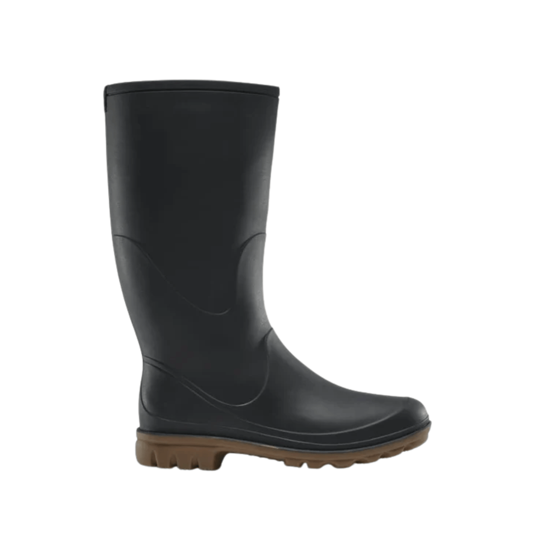 Black knee-high rubber rain boot with a brown lug sole, shown in side view