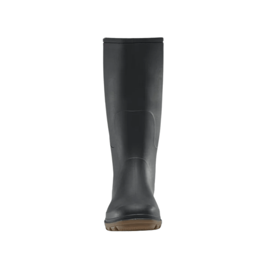 Black tall rain boot with a tan treaded sole, shown from the front