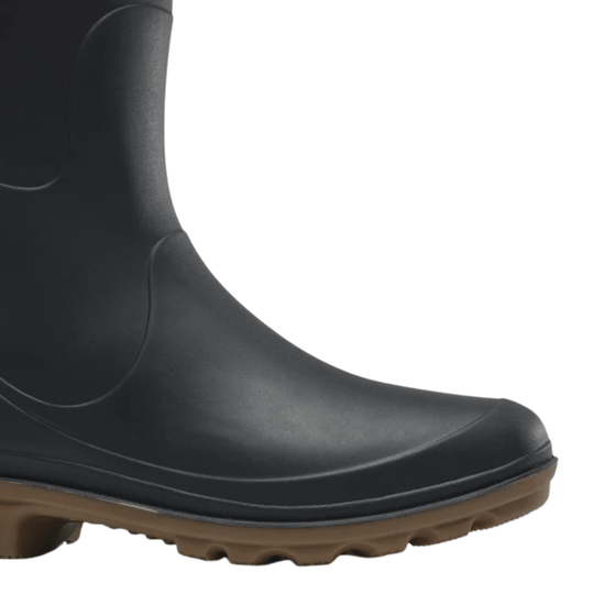 Black mid-calf rain boot with a brown lug sole