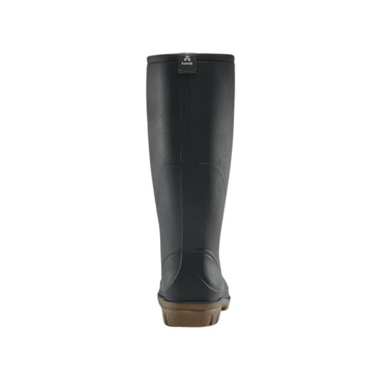 Tall black rain boot with a brown rubber sole and a small Kamik label at the top