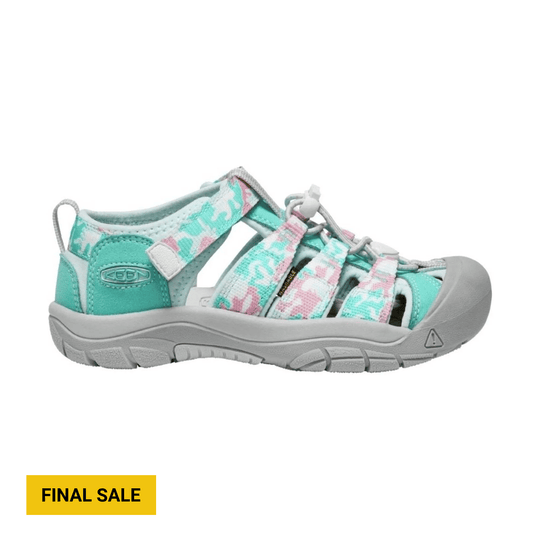 Turquoise and pink kids' closed-toe sandal with gray sole and bungee laces