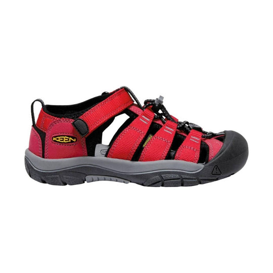 Red sandal with black straps on a white background