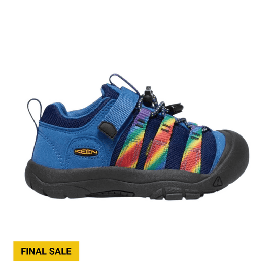 Blue closed-toe hiking sandal with rainbow straps and black rubber sole