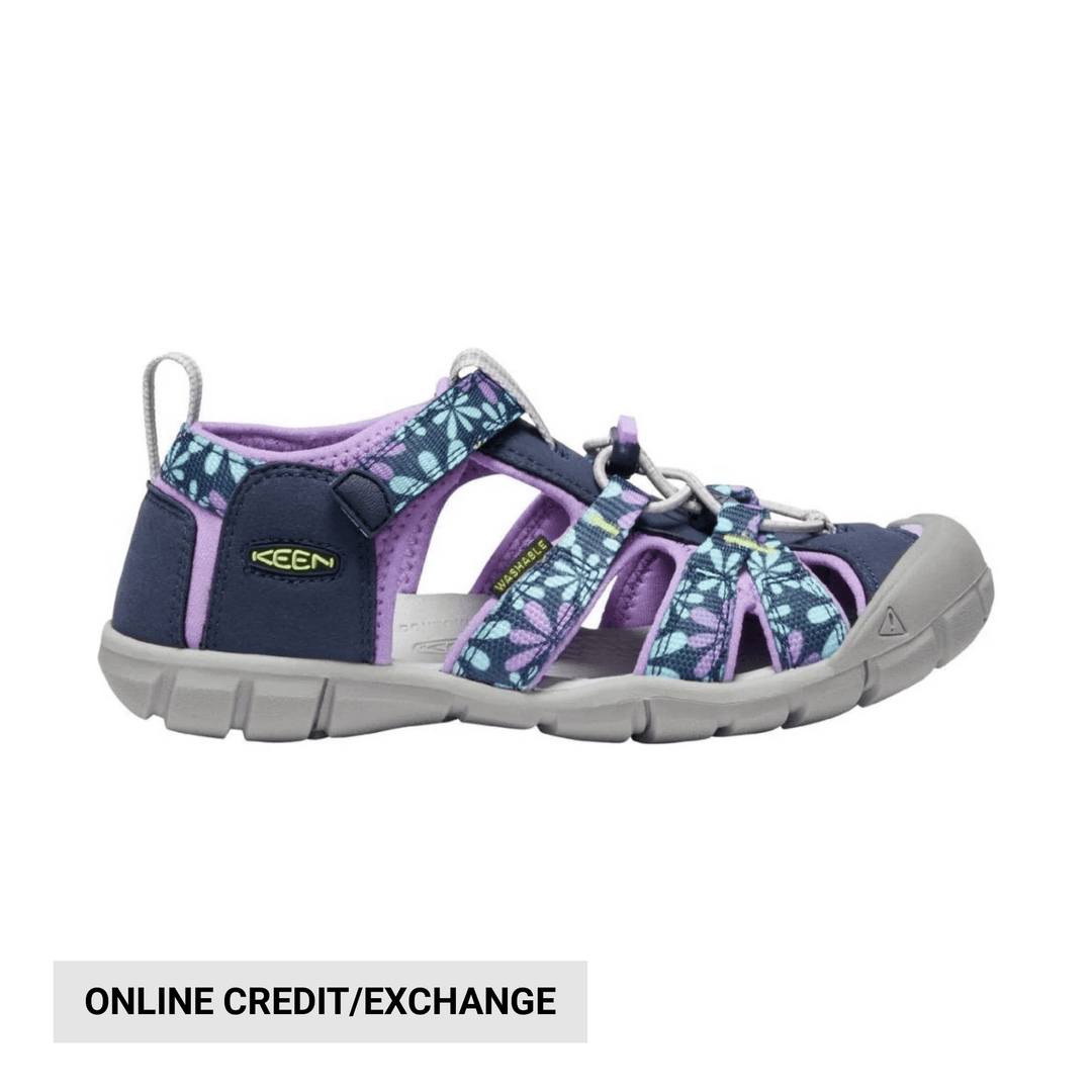 Kids closed-toe hiking sandal in navy, purple, and teal floral straps with gray sole