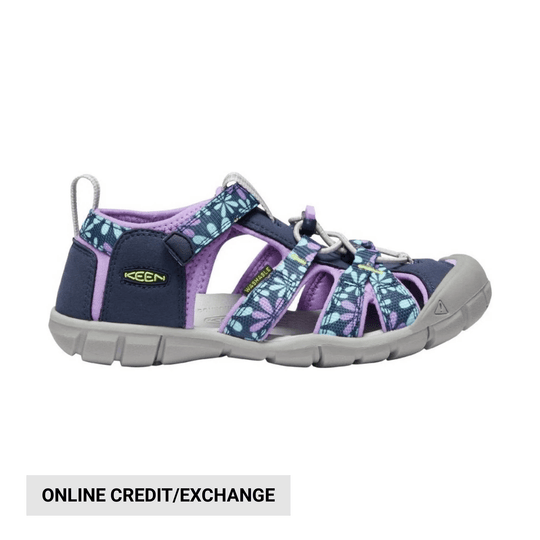 Kids closed-toe hiking sandal in navy, purple, and teal floral straps with gray sole