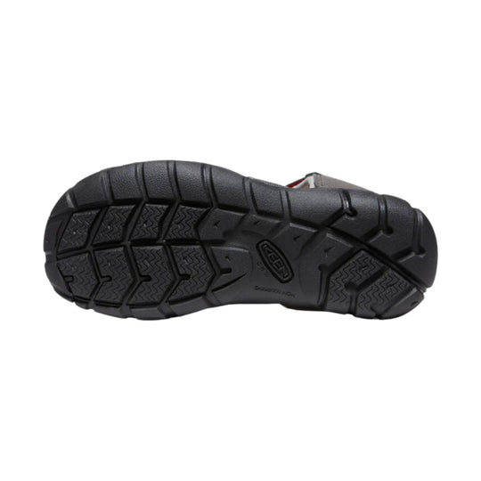 Black rugged rubber sandal outsole with deep tread pattern