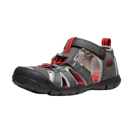 Gray closed-toe hiking sandal with red webbing straps, black sole, and toe bumper