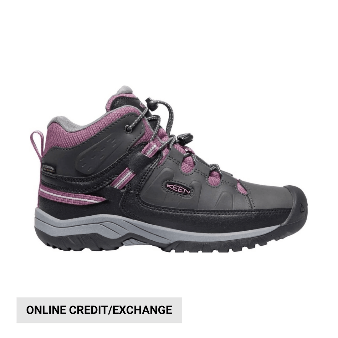 Mid-height hiking boot in gray, black, and pink with bungee laces and a rugged tread sole