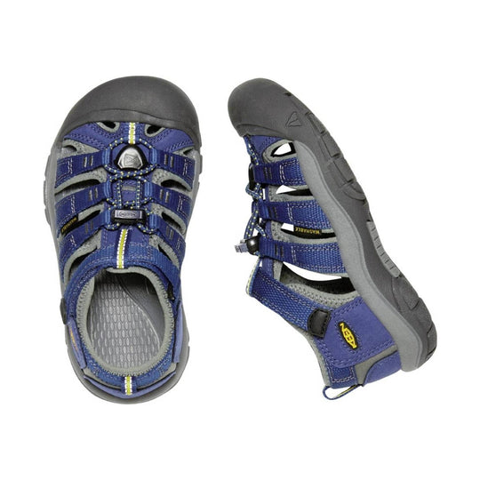 Blue and gray closed-toe kids hiking sandal with bungee laces, hook-and-loop straps, and rubber toe cap