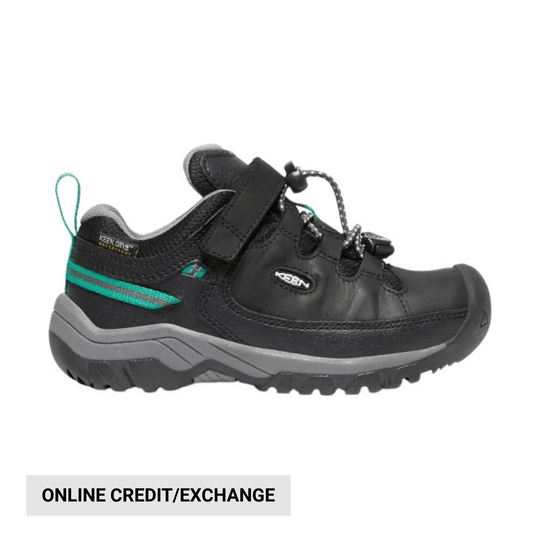 Black and gray kids' hiking shoe with teal accents, bungee laces, and a rubber toe cap