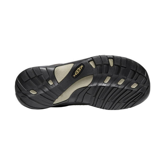 Black hiking shoe outsole with beige tread inserts and KEEN logo