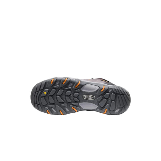 Dark gray hiking boot outsole with orange accents and KEEN logo