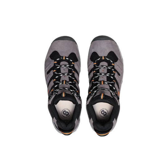 Pair of gray mid hiking boots with black mesh panels and bungee laces, top view