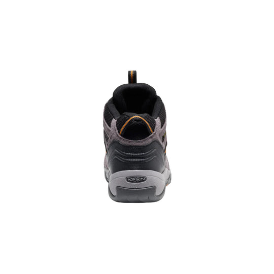 Rear view of a black and gray mid hiking boot with orange accents and KEEN logo on the heel