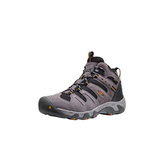 Gray and black mid hiking boot with orange accents, bungee laces, and rugged sole