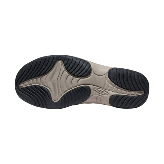 Sandal outsole with black rubber tread and beige cushioning, embossed with KEEN