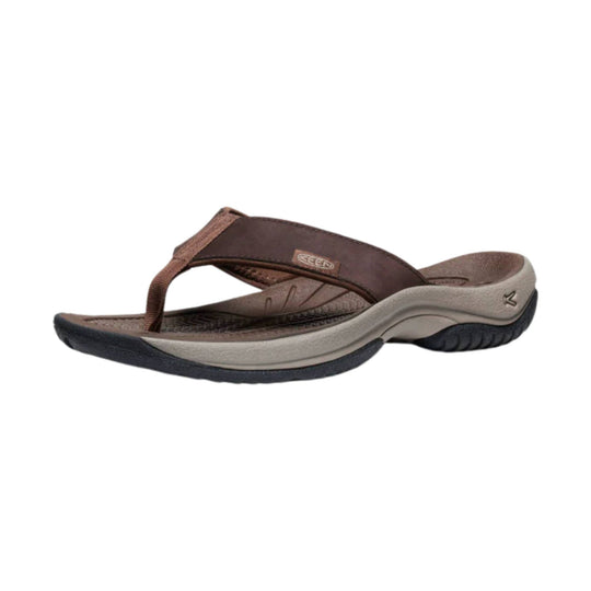 Brown and gray thong sandal with contoured sole and KEEN logo on the strap