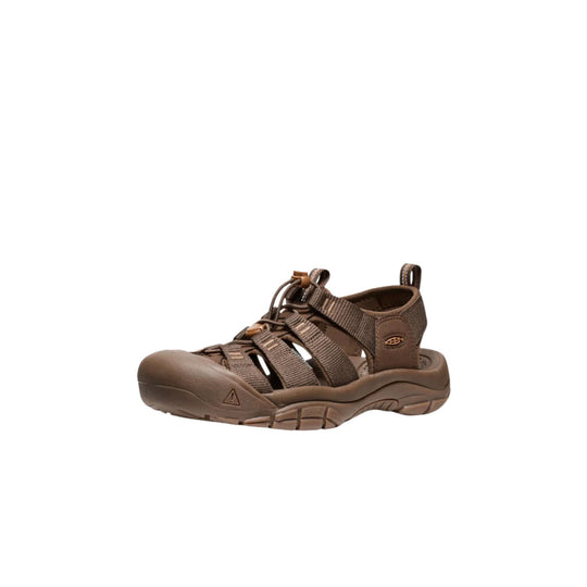 Brown closed-toe hiking sandal with bungee laces and side cutouts