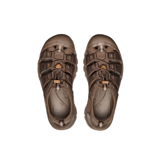 Brown closed-toe hiking sandals with bungee laces and side cutouts, shown from above