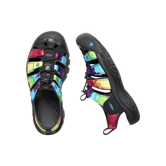 Black closed-toe outdoor sandal with multicolor tie-dye straps and treaded sole, shown top and side views