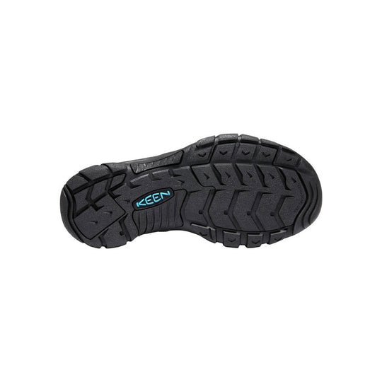 Black rugged shoe outsole with deep tread and KEEN logo