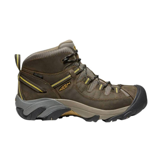 Brown hiking boot with Keen logo on a white background