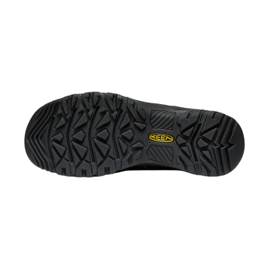 Black hiking boot outsole with rugged tread and KEEN logo