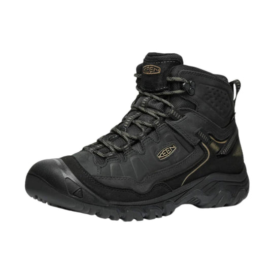 Black mid-cut hiking boot with KEEN logos, bungee laces, and a reinforced rubber toe cap
