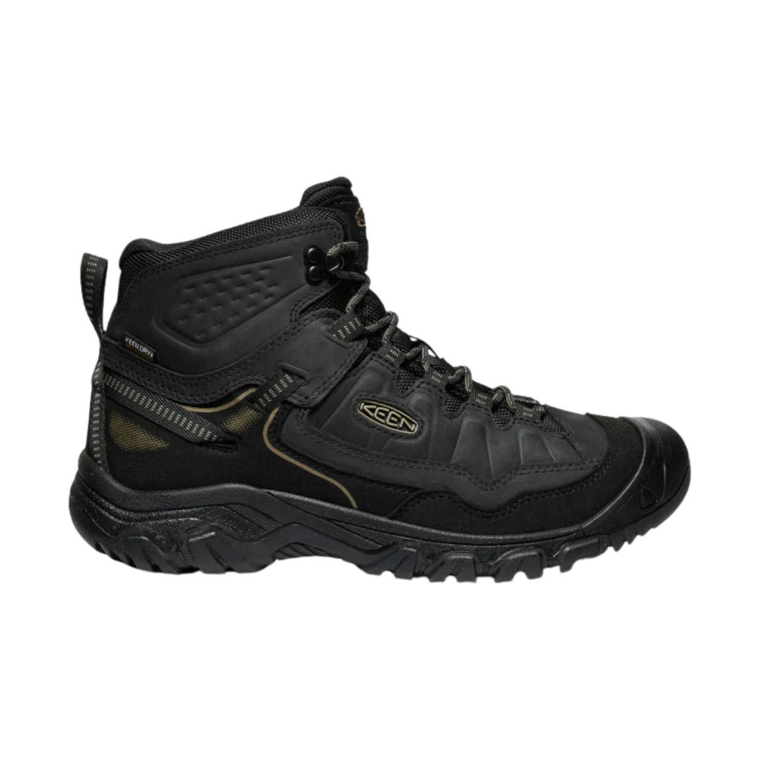 Black mid-top hiking boot with KEEN logo, KEEN.DRY label, and rugged tread