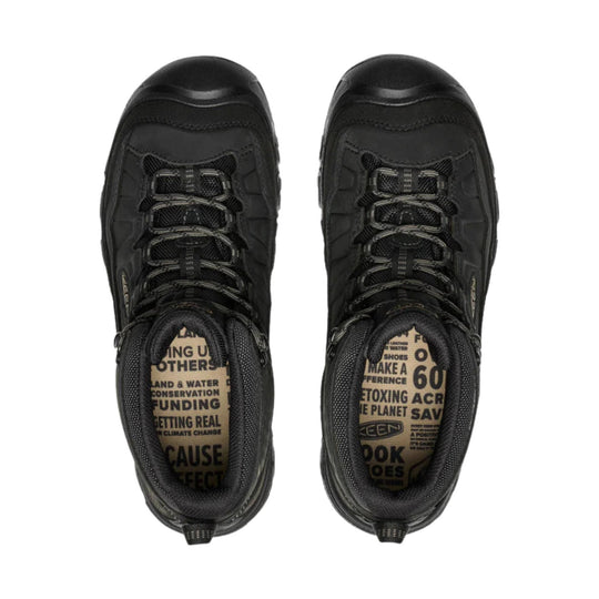 Black hiking boots shown from above with mesh laces and printed insoles.