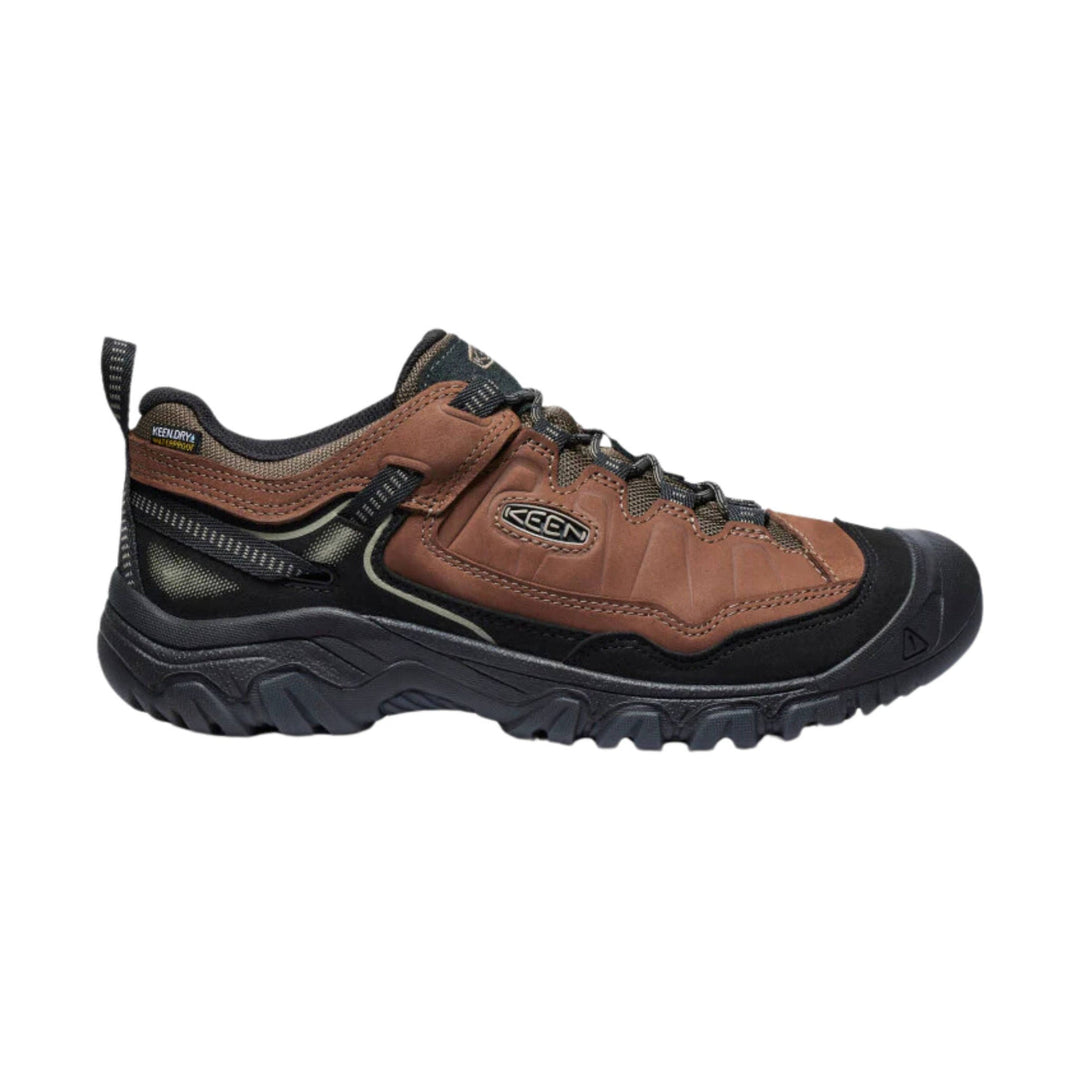 Brown and black low-cut hiking shoe with chunky tread and KEEN logo