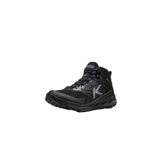 Black high-top hiking boot with rugged lug sole and gray side logo, shown in three-quarter view
