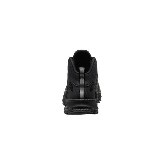 Black hiking boot shown from the back with a pull tab and rugged treaded sole.