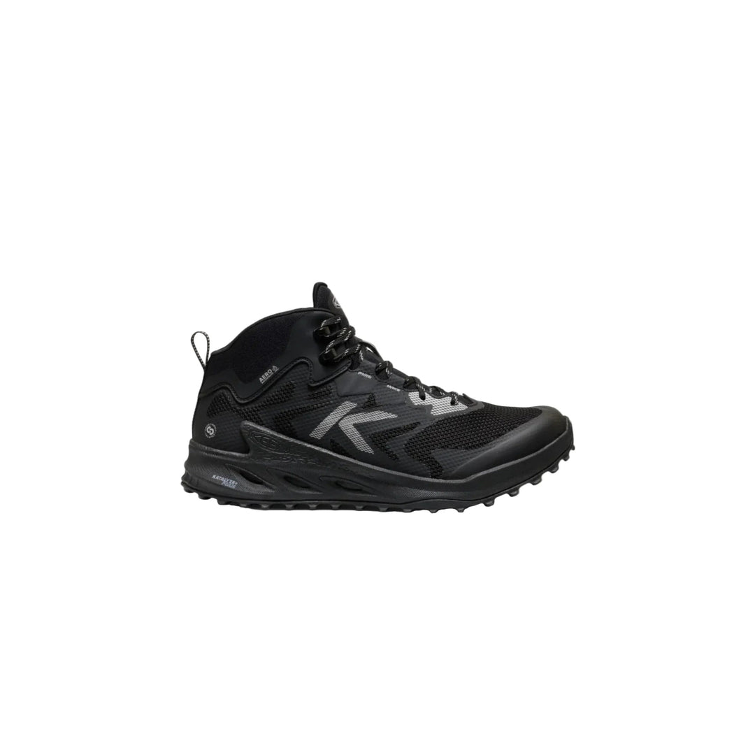 Black high-top hiking boot with mesh upper, thick treaded sole, and reflective side logo